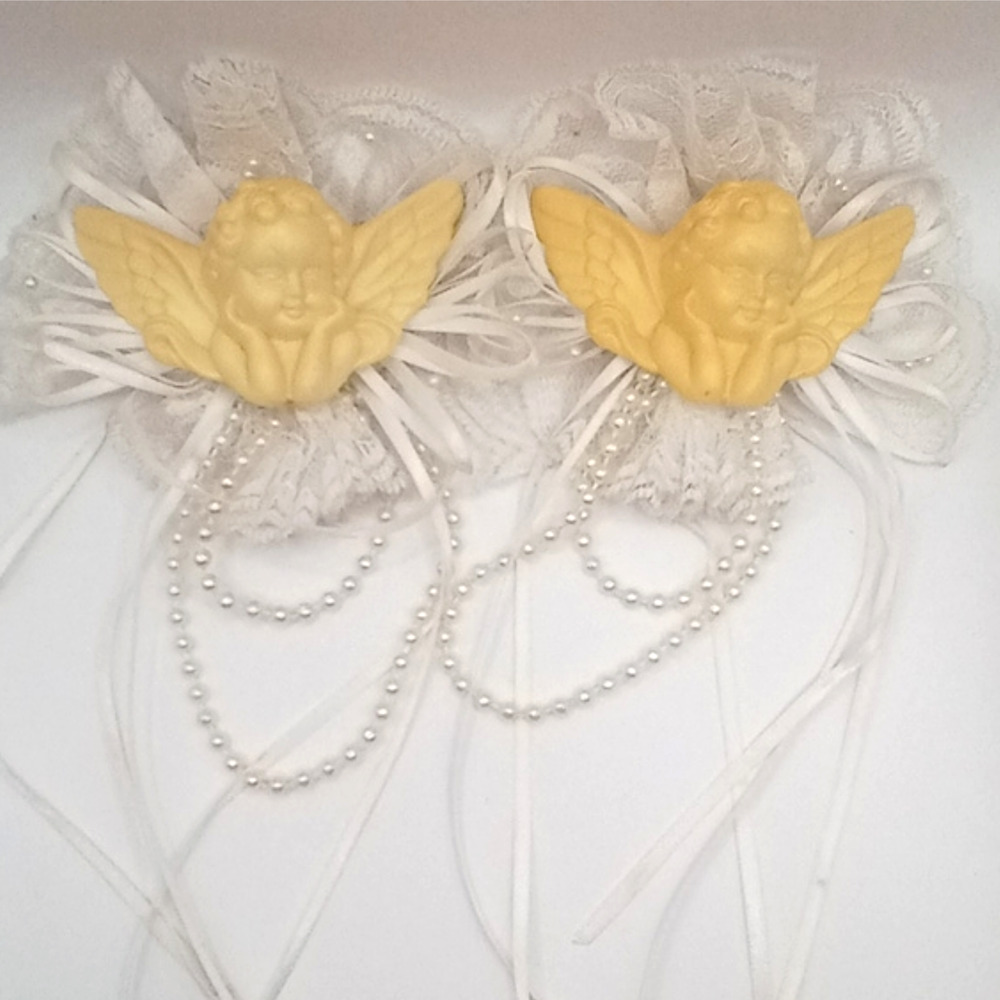2 Vintage Angel Cherub Ornaments Embellished Faux Pearls Lace Candle Charms VTG